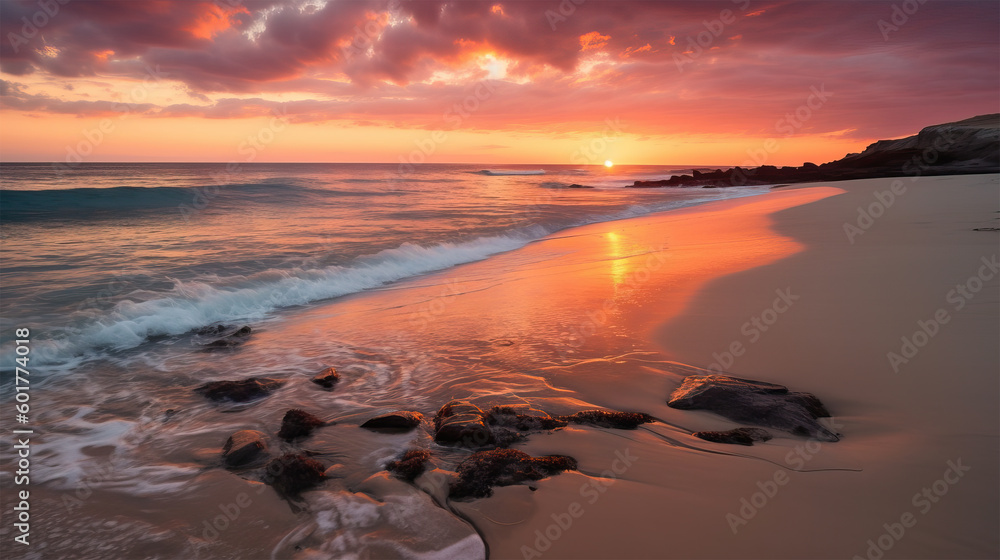 Beautiful nature at sunset on an ocean beach, sun making reflection on water. Generative AI