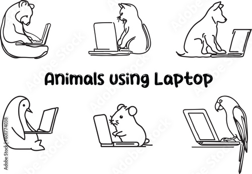 Animals using laptop and seriously working line art vectors silhouette
