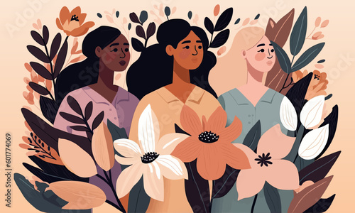 Vector illustration of diverse smiling women of different nationalities with flowers. International Women's Day concept. Vector EPS 10