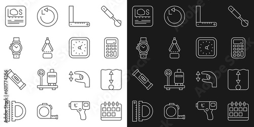 Set line Calendar, Depth measurement, Calculator, Corner ruler, Drawing compass, Wrist watch, Area and Clock icon. Vector