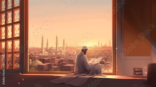 Muslim man sitting and holding Quran with view of mosque, eid ul adha mubarak day background illustration, Generative AI