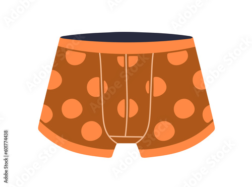 Trunks, men underwear. Mens shorts, boxers, underclothing design with circle print. Male knickers, briefs, undergarment, pants. Flat vector illustration isolated on white background