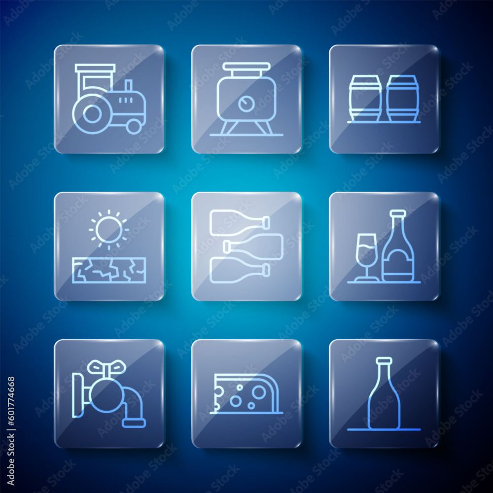 Set line Tap for a barrel, Cheese, Bottle of wine, Wooden, Bottles, Drought, Tractor and Wine bottle with glass icon. Vector Set line Tap for a barrel, Cheese, Bottle of wine, Wooden, Bottles, Drought, Tractor and Wine bottle with glass icon. Vector