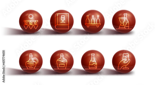 Set line Drying grapes, Wine italian fiasco bottle, Bottle of wine, Old, Book about, tasting, degustation and icon. Vector