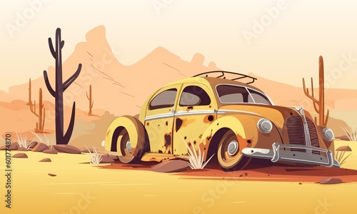 Abandoned taxi in the Texas desert. Abandoned rusty car on the background of desert and cacti. Vector illustration EPS 10