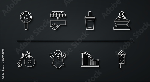 Set line Lollipop, Vintage bicycle, Boat swing, Roller coaster, Ghost, Fast street food cart, Firework rocket and Paper glass with water icon. Vector