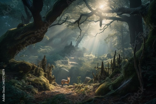 A mystical woodland with magical creatures & breathtaking views. Generative AI