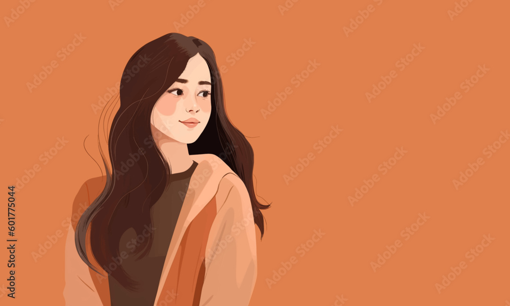 Girl on brown background flat illustration. Young cute asian woman on brown background with copy space. Vector flat illustration EPS 10 Girl on brown background flat illustration. Young cute asian woman on brown background with copy space. Vector flat illustration EPS 10