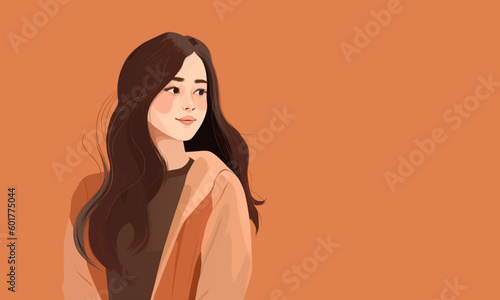 Girl on brown background flat illustration. Young cute asian woman on brown background with copy space. Vector flat illustration EPS 10