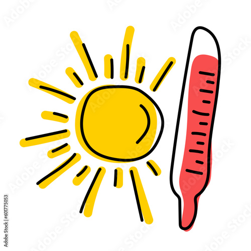 Thermometer and sun. Doodle illustration. Hot weather and high temperature illustration. Vector clipart.