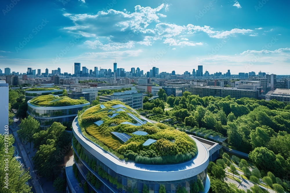 A sustainable cityscape with solar panels and green roofs under a clear ...