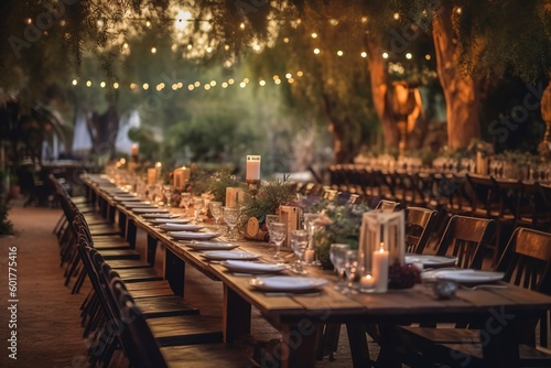 Festive outdoor autumn table setting, generative ai