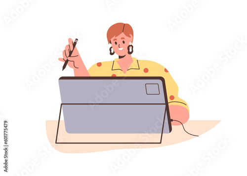 Digital artist, illustrator works at electronic tablet PC. Woman drawing with pen tool, stylus at pad. Happy creative person at workplace. Flat vector illustration isolated on white background