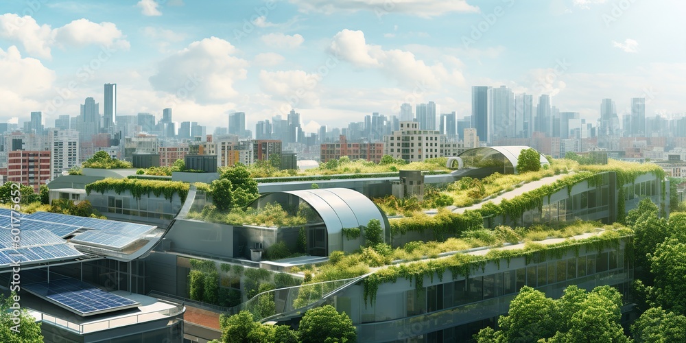 A sustainable cityscape with solar panels and green roofs under a clear ...