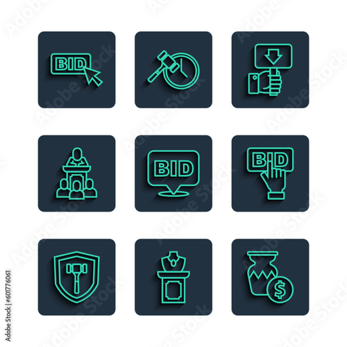Set line Auction hammer, jewelry sale, ancient vase, Hand holding auction paddle, Bid, auctioneer sells, and icon. Vector