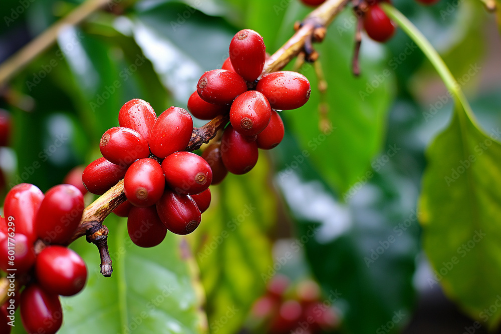 Obraz premium ripe coffee balls organic red berries coffee beans , Generative AI