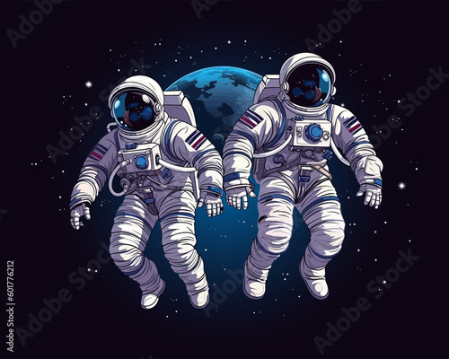 Two astronauts in space suits flying in outer space next to planets and stars. Vector illustration EPS 10