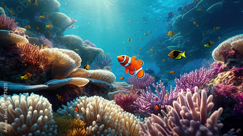 Fényképezés Colorful clownfish swim among vibrant coral in tropical reef, adding life to underwater world