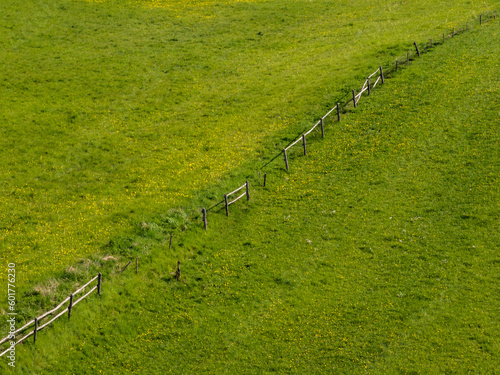 Wallpaper Mural Beautiful green meadow with wooden fence - drone aerial photo on sunny day, Poland, Mazury Torontodigital.ca
