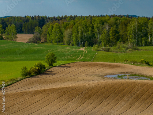 Wallpaper Mural Aerial view of plowed agricultural field in spring with blue sky, Poland, Mazury Torontodigital.ca