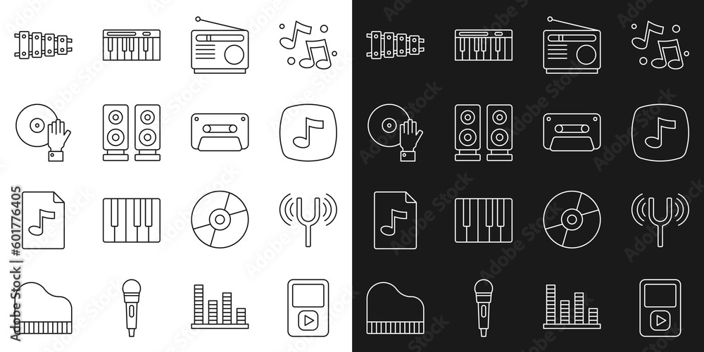Set line Music player, Musical tuning fork, note, tone, Radio, Stereo speaker, DJ playing music, Xylophone and Retro audio cassette tape icon. Vector Set line Music player, Musical tuning fork, note, tone, Radio, Stereo speaker, DJ playing music, Xylophone and Retro audio cassette tape icon. Vector