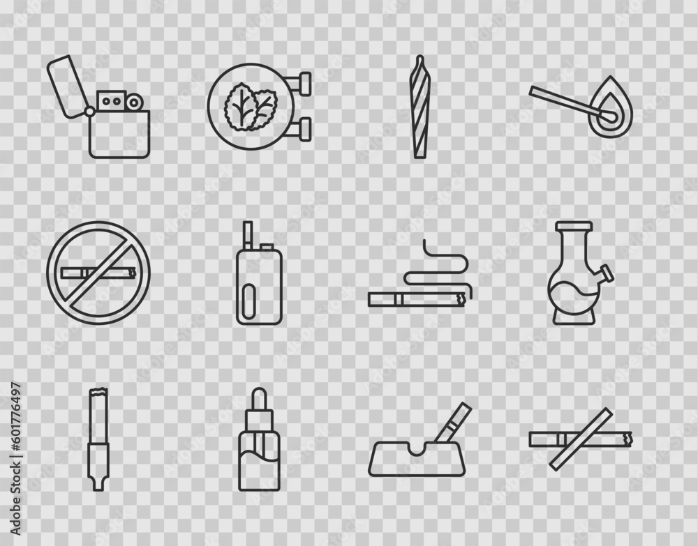 Set line Cigarette, No smoking, Marijuana joint, spliff, Vape liquid bottle, Lighter, Electronic cigarette, Ashtray with and Bong icon. Vector Set line Cigarette, No smoking, Marijuana joint, spliff, Vape liquid bottle, Lighter, Electronic cigarette, Ashtray with and Bong icon. Vector