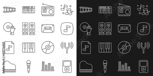 Set line Music player, Musical tuning fork, note, tone, Radio, Stereo speaker, DJ playing music, Xylophone and Retro audio cassette tape icon. Vector