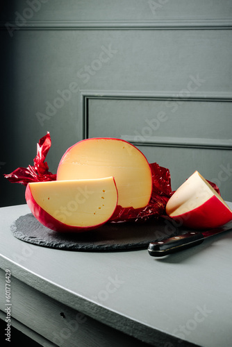 Sliced head of Edam cheese.