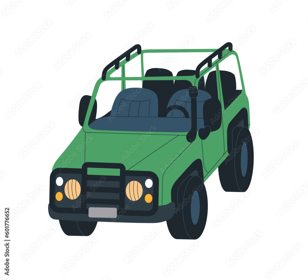 Safari car for travel, adventure. Off-road wheeled vehicle. Open offroad truck, tourists SUV. Touristic auto transport for trip, expedition. Flat vector illustration isolated on white background Safari car for travel, adventure. Off-road wheeled vehicle. Open offroad truck, tourists SUV. Touristic auto transport for trip, expedition. Flat vector illustration isolated on white background