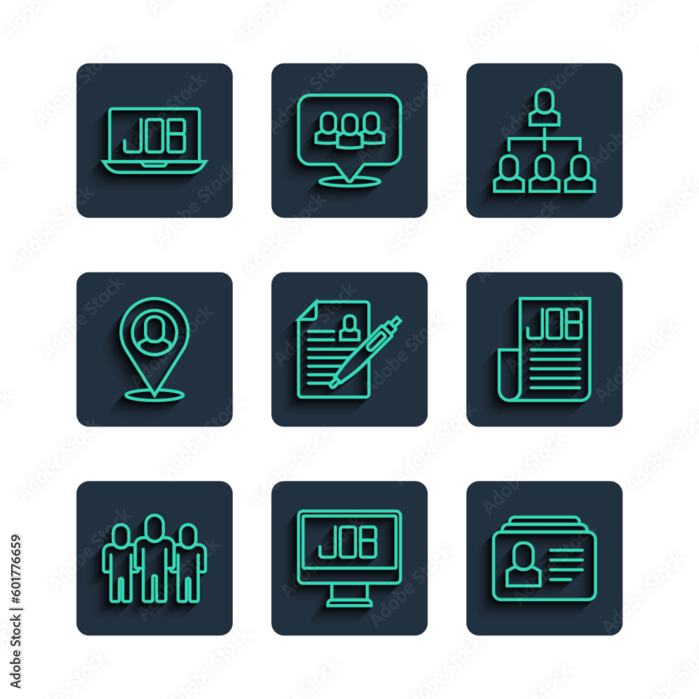 Set line Project team base, Search job, Resume, Employee hierarchy, Worker location, and icon. Vector Set line Project team base, Search job, Resume, Employee hierarchy, Worker location, and icon. Vector