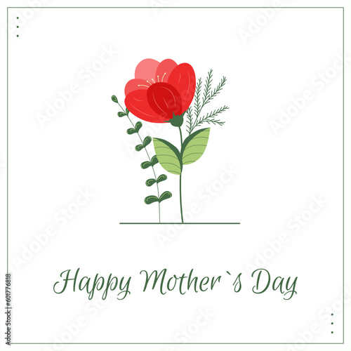 Flat minimalist greeting card. Cute vector postcard with floral design. A postcard with the lovely bouquet and inscription Happy Mothers Day on a white background.