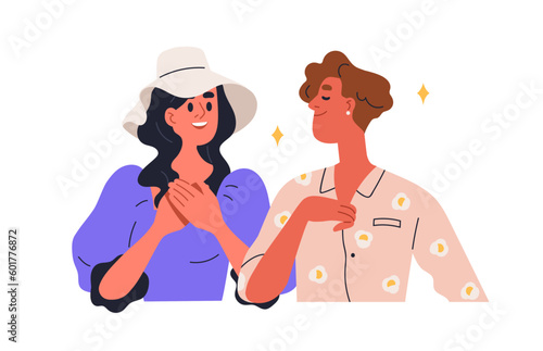 Adoration, admiration concept. Charmed enchanted woman looking at man star with love, joy. Happy fan, admirer adoring, admiring idol. Flat graphic vector illustration isolated on white background