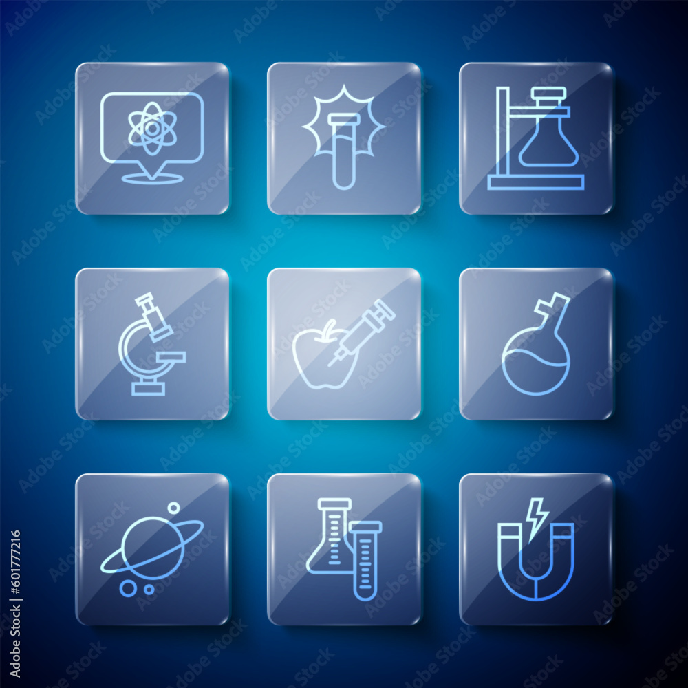 Set line Planet Saturn, Test tube, Magnet, flask on stand, Genetically modified apple, Microscope, Atom and icon. Vector Set line Planet Saturn, Test tube, Magnet, flask on stand, Genetically modified apple, Microscope, Atom and icon. Vector