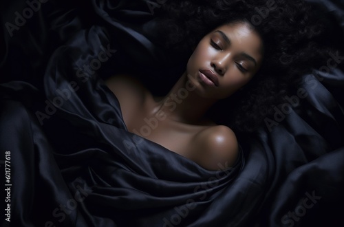 beautiful woman is sleeping in a black dress and her eyes are closed
