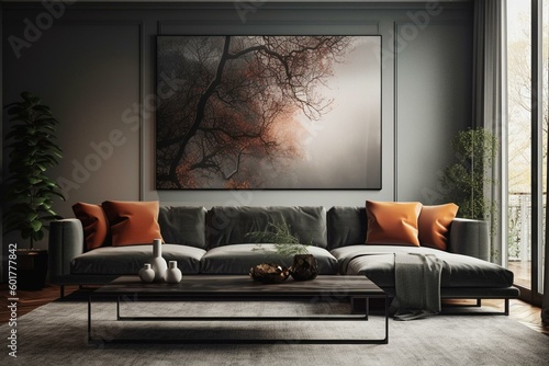 A contemporary lounge featuring a couch  table  and wall art. Generative AI