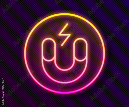 Glowing neon line Magnet icon isolated on black background. Horseshoe magnet, magnetism, magnetize, attraction. Vector