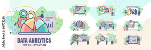 set vector design statistical and Data analysis for business finance investment concept with business people team working. Financial data analysis illustration.