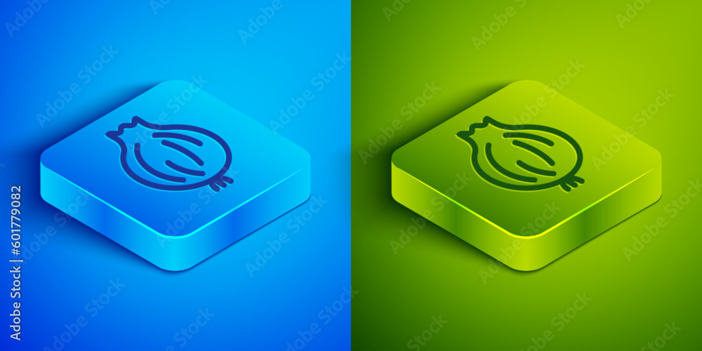 Isometric line Garlic icon isolated on blue and green background. Square button. Vector Isometric line Garlic icon isolated on blue and green background. Square button. Vector