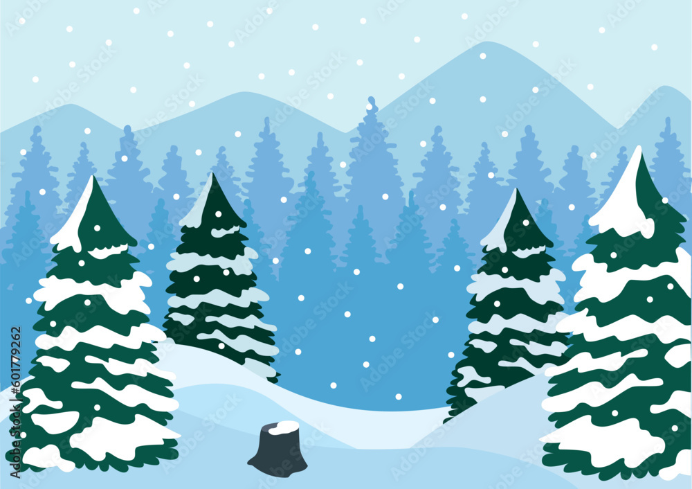 Vector illustration of winter forest. Pines on snowy meadow. Natural landscape in cartoon style