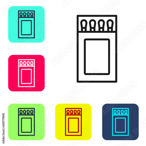 Black line Open matchbox and matches icon isolated on white background. Set icons in color square buttons. Vector