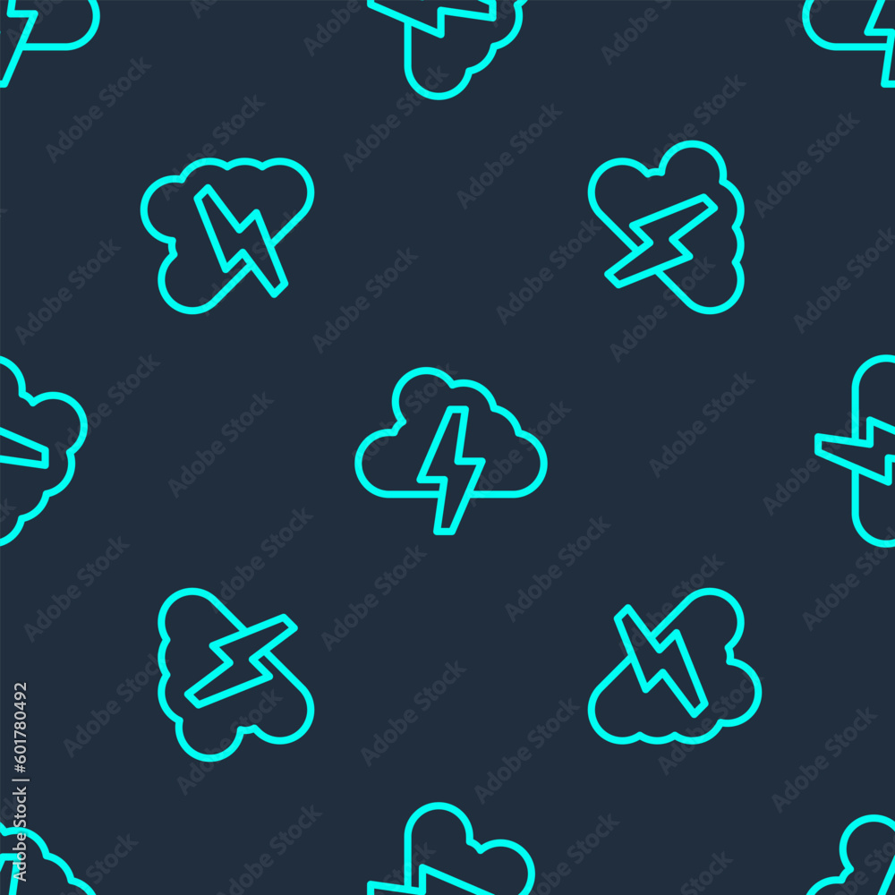 Green line Storm icon isolated seamless pattern on blue background. Cloud and lightning sign. Weather icon of storm. Vector Green line Storm icon isolated seamless pattern on blue background. Cloud and lightning sign. Weather icon of storm. Vector