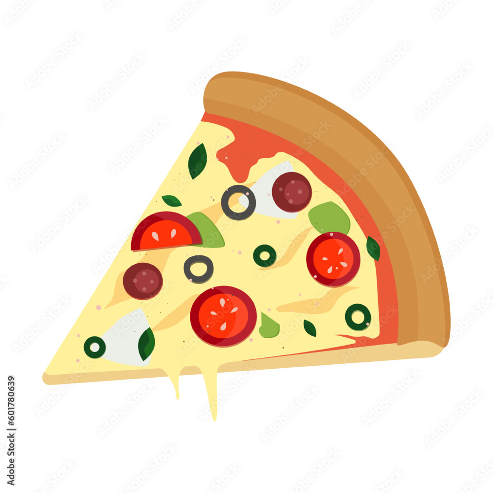 Vector pizza slice with melted cheese, tomato, olive, sausage, onion, basil Vector pizza slice with melted cheese, tomato, olive, sausage, onion, basil