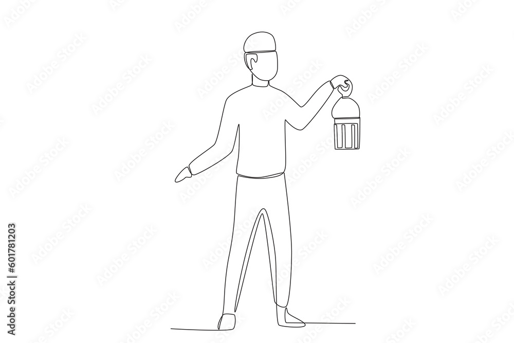 A man shows a lantern to his friend. Islamic new year one-line drawing A man shows a lantern to his friend. Islamic new year one-line drawing