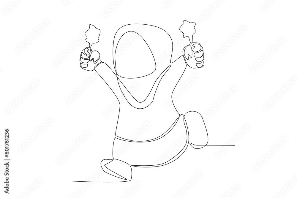 A girl ran holding a firework in her hand. Islamic new year one-line drawing A girl ran holding a firework in her hand. Islamic new year one-line drawing