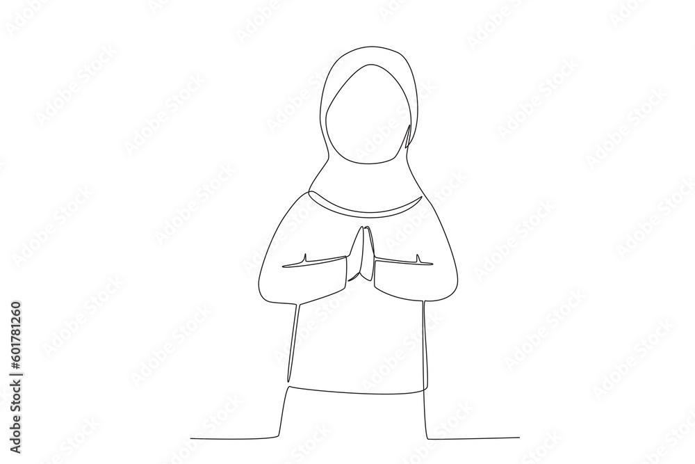 Obraz premium A girl greets the Islamic new year. Islamic new year one-line drawing