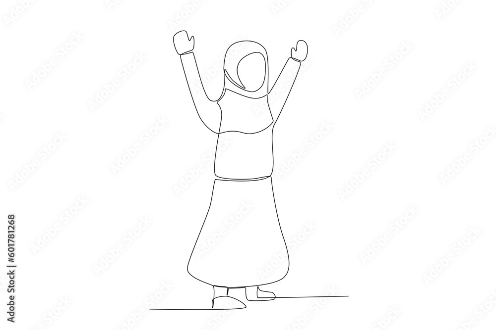 A happy Muslim girl raises her hand. Islamic new year one-line drawing A happy Muslim girl raises her hand. Islamic new year one-line drawing