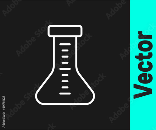 White line Test tube and flask chemical laboratory test icon isolated on black background. Laboratory glassware sign. Vector