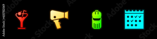 Set Martini glass, Hair dryer, Trash can and Hotel booking calendar icon. Vector