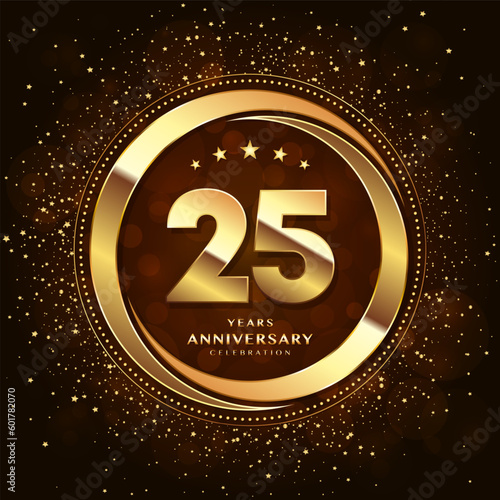 25th anniversary logo with double rings and gold font decorated with glitter and confetti