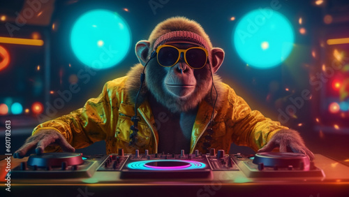 DJ Monkey in the club! Cool golden leather jacket monkey with sunglasses playing music on a turntable in a neon bar. Funny animals. AI art.